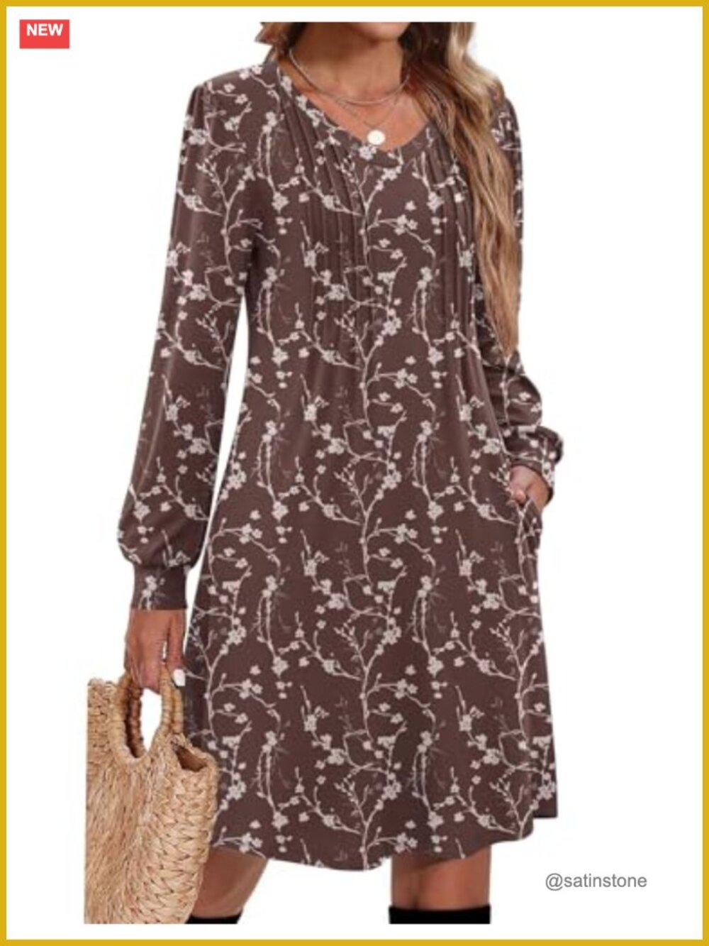 Women's Long Sleeve Pleated V Neck A Line Tunic Dress Fall Casual Knee Length